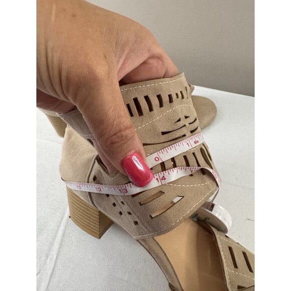 Boho Coastal Block Heel Sandals 42 10 Laser Cut Geo Ankle Cuff Neutral Western - Picture 15 of 15